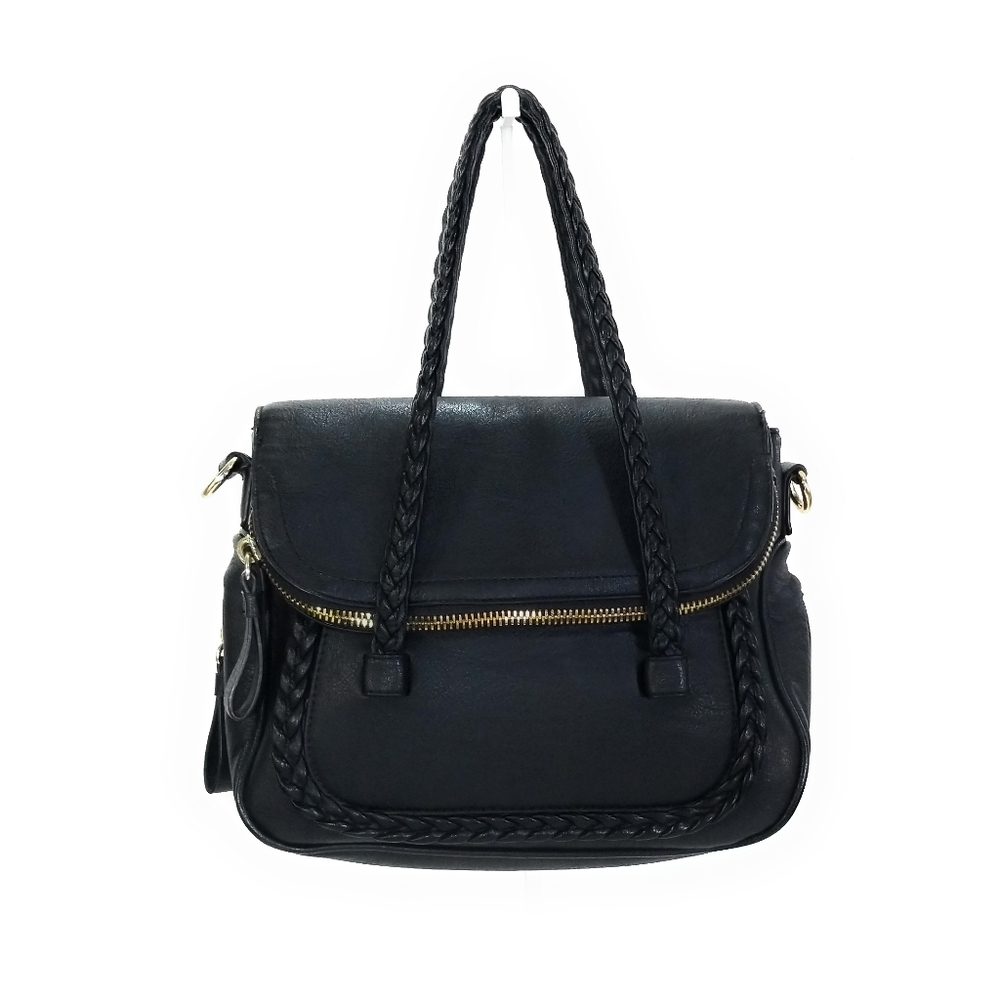 LIONEL Black Vegan Leather Expandable Crossbody Flap Bag Handbag Braided Handles